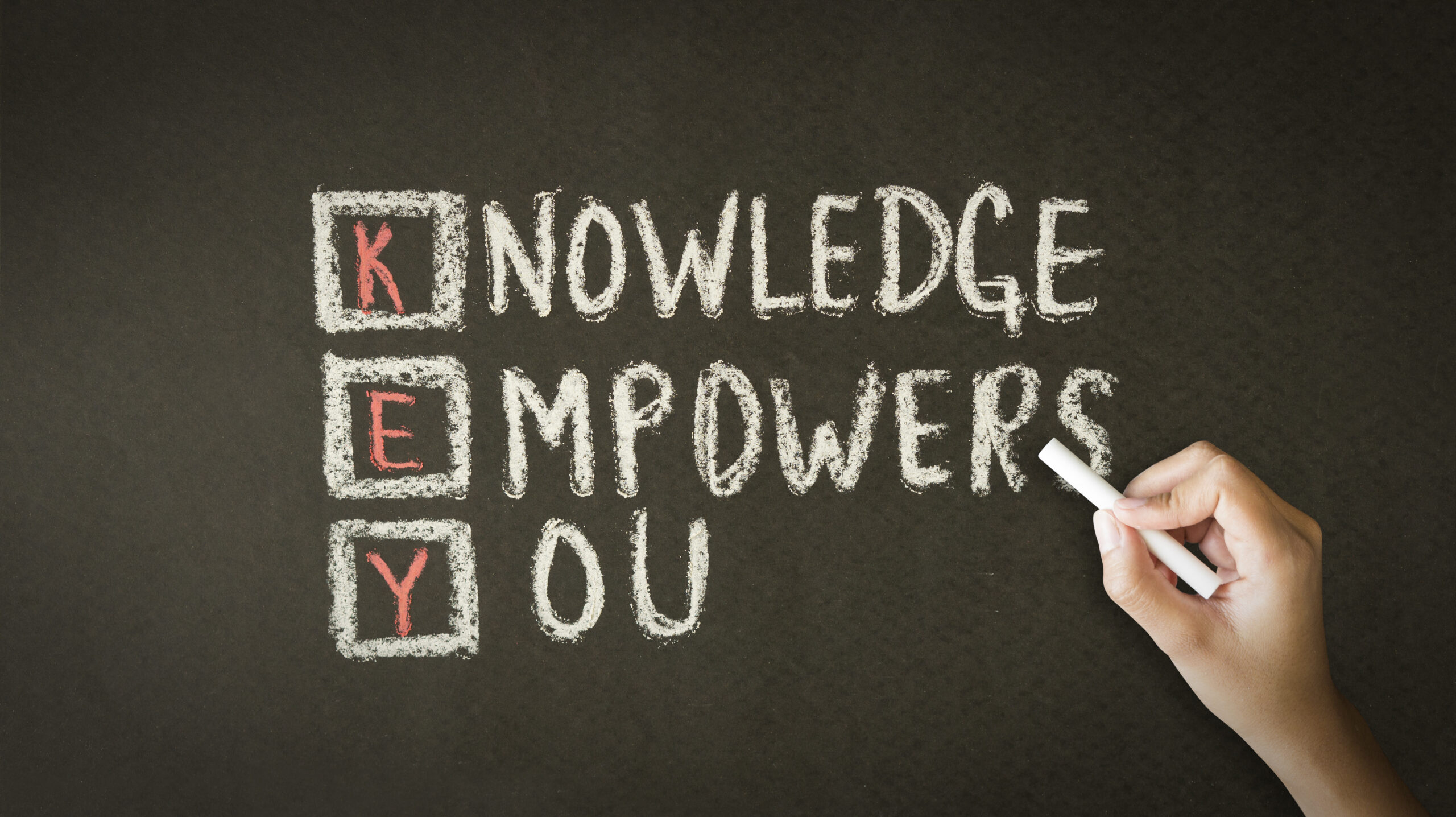A person drawing and pointing at a Knowledge Empowers You Chalk Illustration