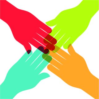 Hands of various colors make an "x" pattern