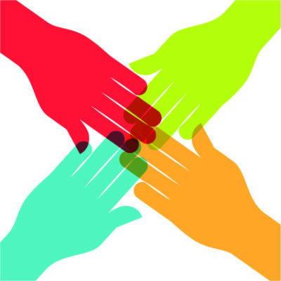 Hands of various colors make an "x" pattern