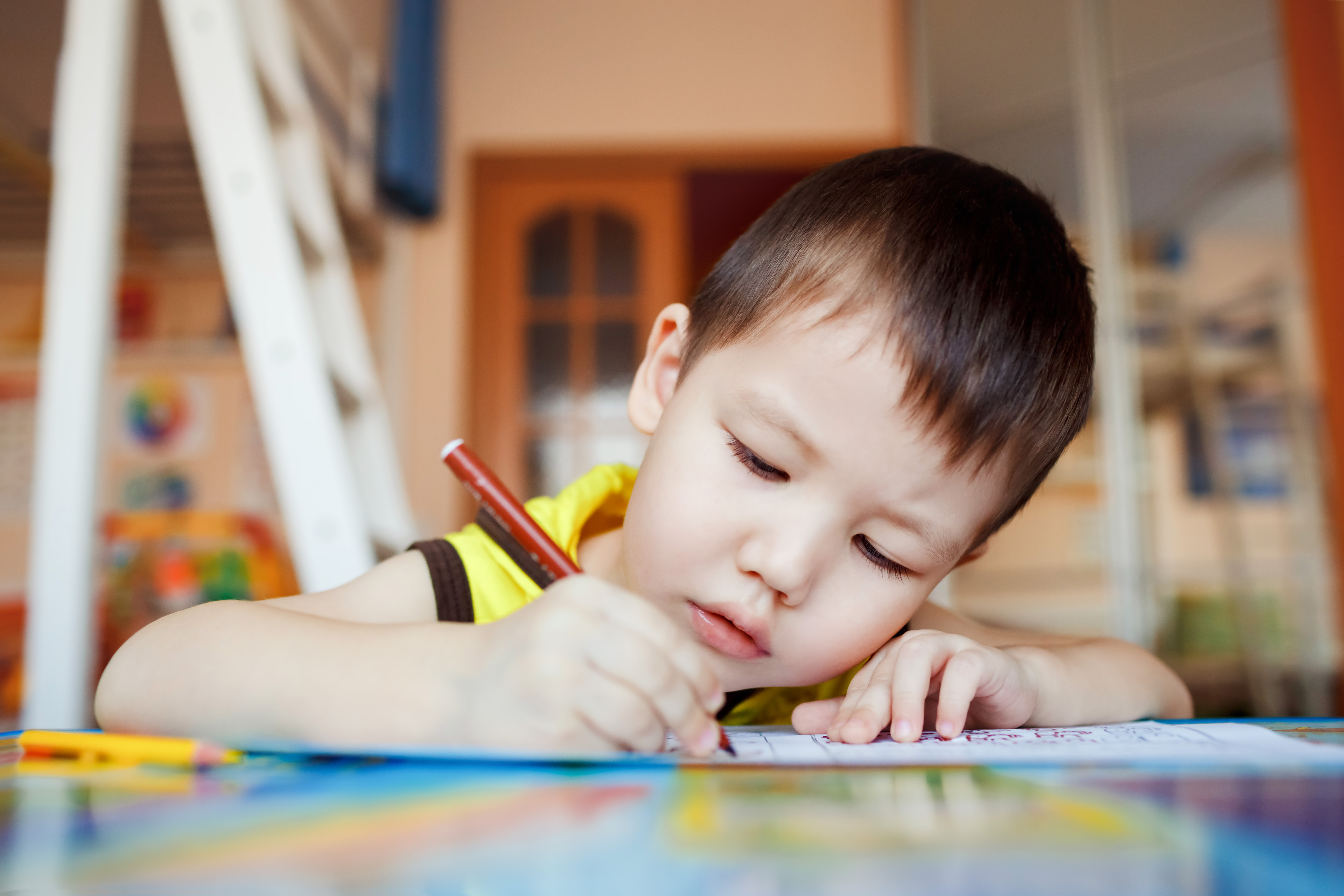 The boy carefully and intently draws in a notebook for drawing