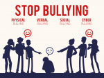 Vector concept of bullying and teen harassment. Lonely young man victim silhouette sitting holding knees with sad face with male, female student viciously laughing pointing to him, making photo.