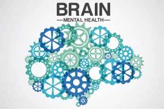 Differently sized cogs form a brain above this picture the words Brain mental health appear