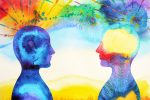 A watercolor of two heads looking at each other, showing their differently colored brains