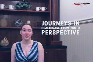 Young woman poses at an office with the words Journeys in Healthcare