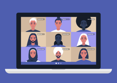 A caricature of different faces at an online meeting