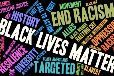 Words in different colors used to depict the Black Lives Matter movement