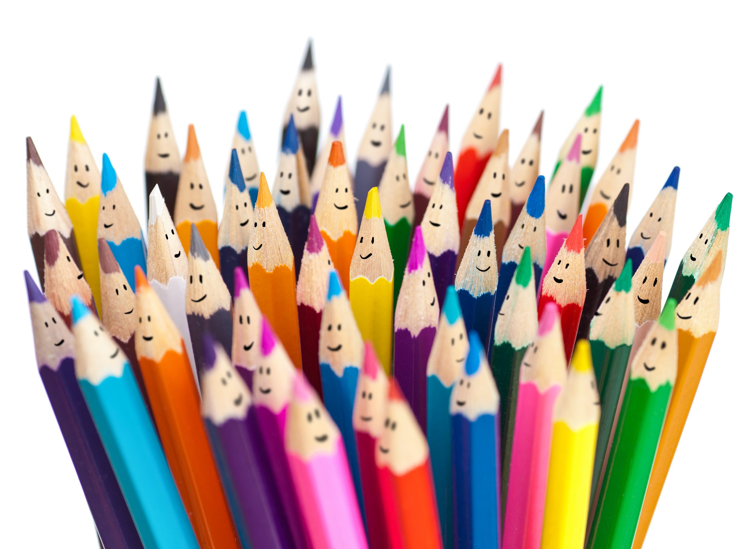 Colorful pencils as smiling faces people isolated. Social networking communication concept.