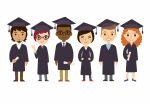 Set of diverse college or university graduation students with diplomas isolated on white background. Cute and simple flat cartoon style.