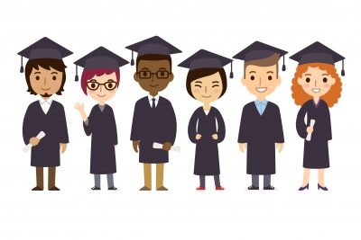 Set of diverse college or university graduation students with diplomas isolated on white background. Cute and simple flat cartoon style.