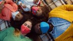 Top view of happy diverse family in safety mask relaxing on blanket during picnic. Mixed race parents and little children wearing protective mask lying on blanket outdoors