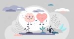 Heart mind connection scene vector illustration flat tiny persons concept. Human metaphoric thinking about harmony and calm lifestyle choice. Symbolic psychological state with mental happiness and joy