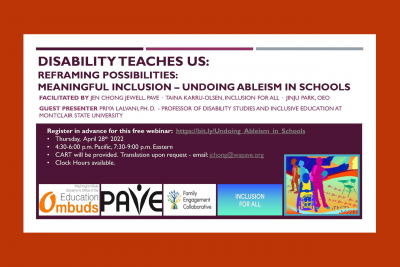 Register and join Dr. Priya Lalvani for the third of three events discussing meaningful inclusion - undoing ableism in schools. Co-hosted by WA PAVE, Inclusion for All, and OEO. Register here: https://bit.ly/Undoing_Ableism_in_Schools