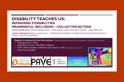 Guest presenter Priya Lalvani, Ph. D. joins co-hosts Jinju Park, OEO; Jen Chong Jewell, PAVE and Taina Karru-Olsen, Inclusion for All in the second of a three part series focusing on meaningful inclusion for students with disabilities. CART will be provided. Translation upon request - email: jchong@wapave.org Clock Hours available Register in advance at: https://bit.ly/Meaningful_Inclusion_Collective_Action