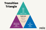 The transition triangle talks about the relationship between the High School and Beyond Plan , the IEP transition plan and Agency supports from DDA, DVR and DSB. within that triangle of support is the student asking themselves: Who they are, what is their future and their goals.