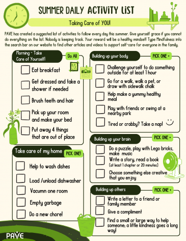 Summer Daily Activity List – Taking care of YOU! - PAVE