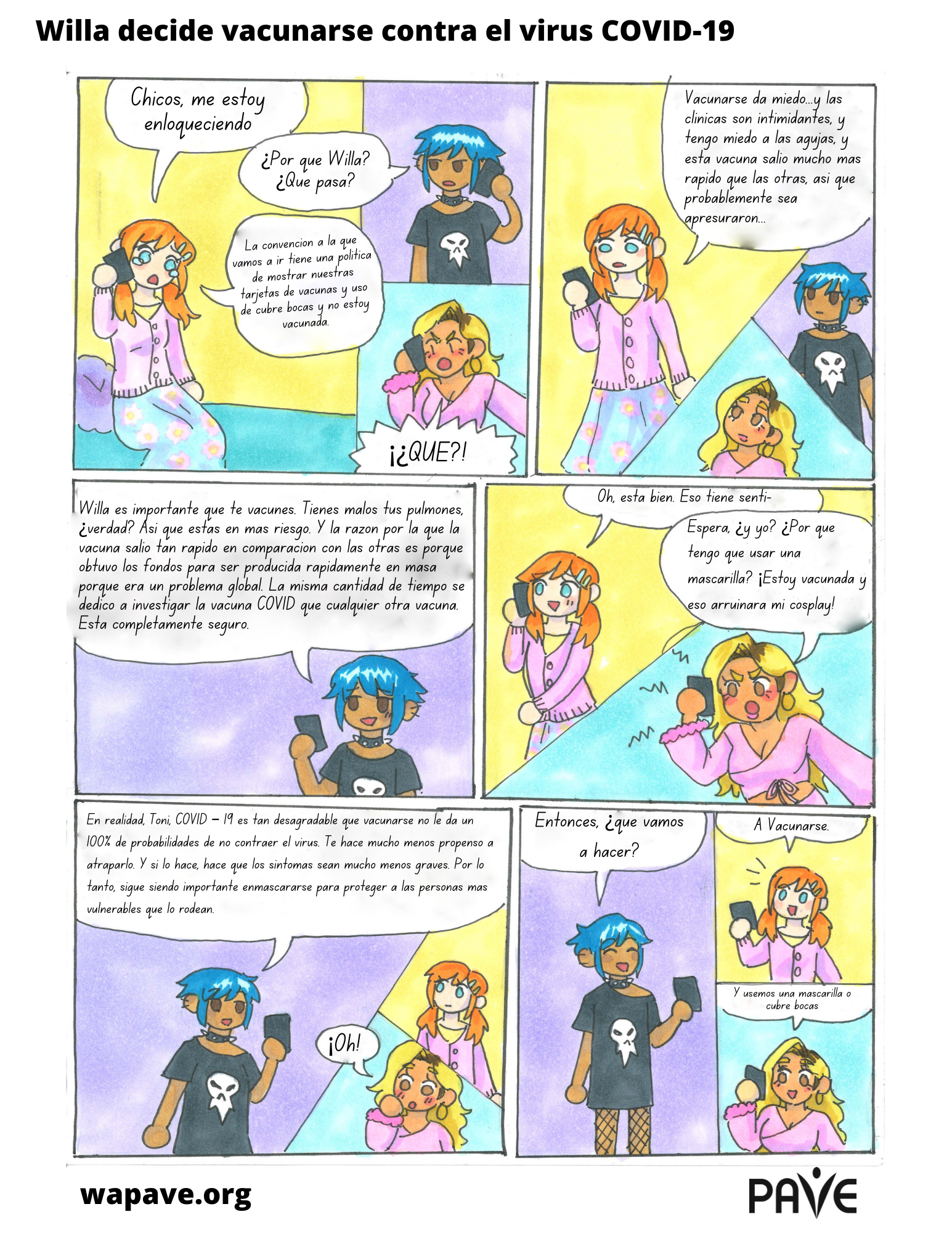 Comic page about Willa a character that decides to get vaccinated against the COVID-19 virus in Spanish