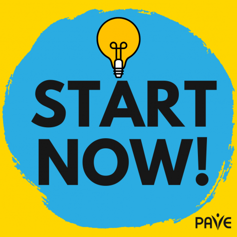 Start Now! Logo Yellow and blue background with the words Start Now! and a lightbulb
