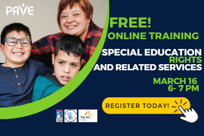 Smiling family with the title Special Education Rights and Related Services Training for March 16 Register today!