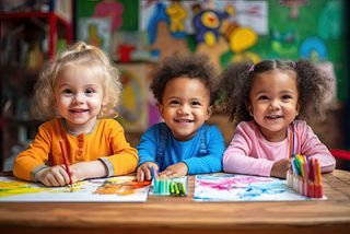 A diverse group of adorable kindergarten children in the classroom come together for creative activities and games.