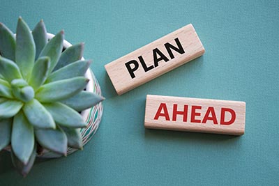 Plan ahead symbol. Wooden blocks with words Plan ahead. Beautiful grey green background with succulent plant. Business and Plan ahead concept. Copy space.