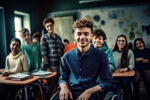 A teen wheelchair user smiles in a classroom with his peers