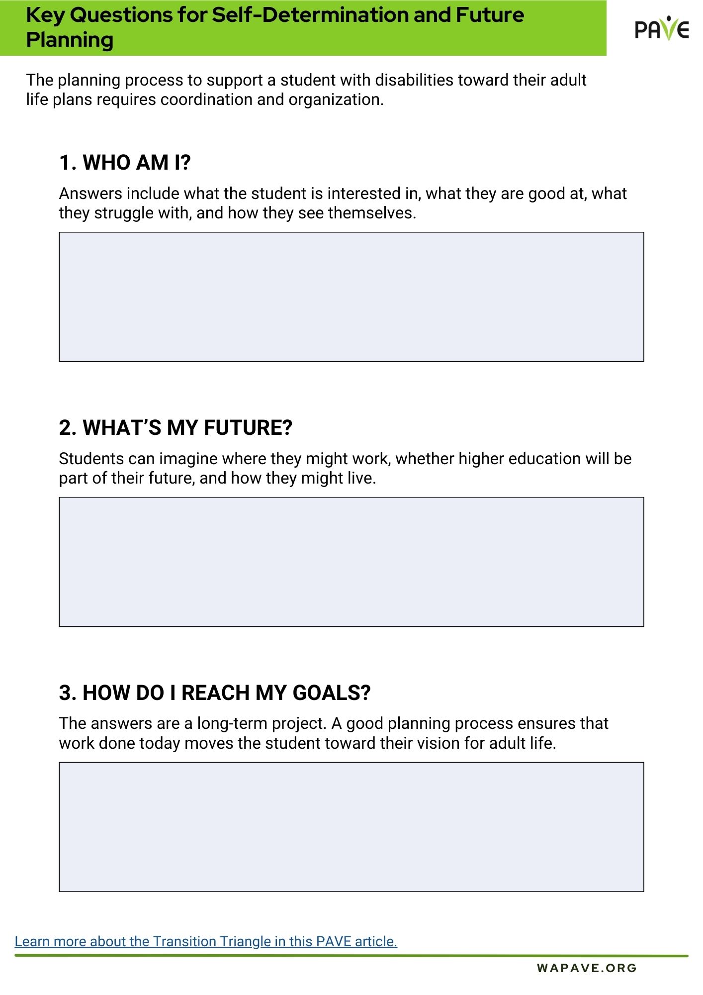 Key Questions for Self-Determination and Future Planning Fillable worksheet.