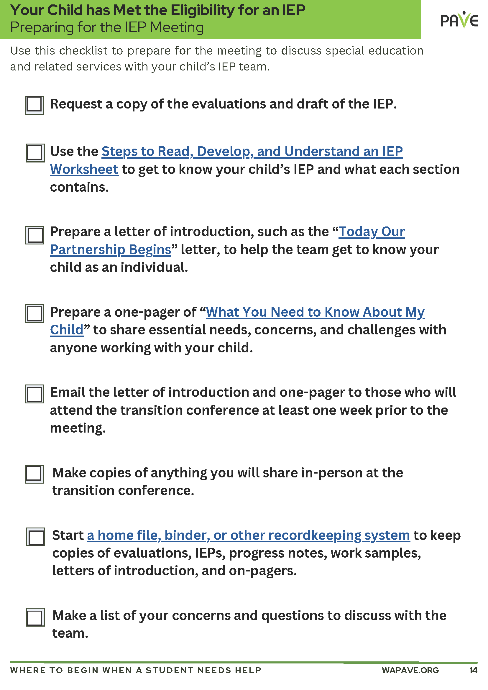 Preparing for the IEP Meeting Checklist