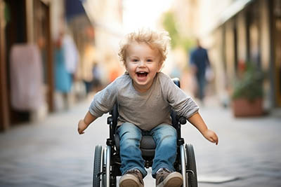 Child in a wheelchair. Portrait of a kid with disability