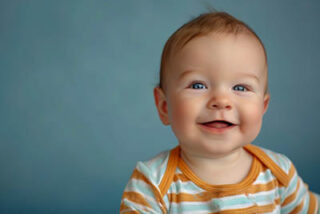 A smiling baby wearing a striped shirt. The baby has blue eyes and is looking at the camera