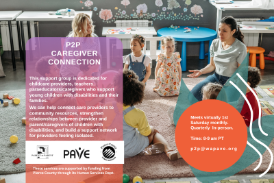 Teachers and children in a school setting are doing an activity. It includes the words, P2P caregiver connection. it meets virtually the 1st Saturday monthly.