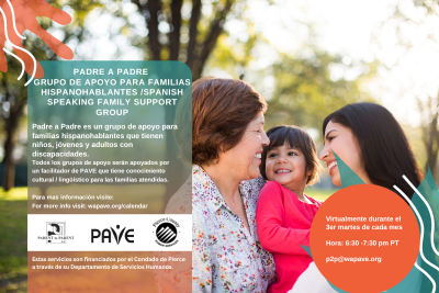 A hispanic family smiles and poses on an outside setting. Included are the words Padre a Padre Grupo de apoyo para hispano hablantes que se reunen el 3er martes de cada mes.