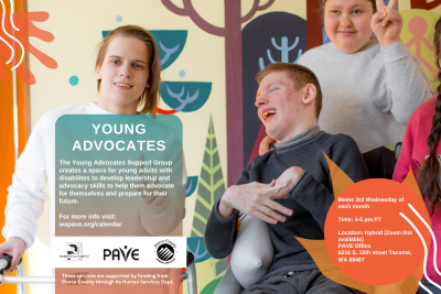 Youth with varying abilities smile and pose. Included are the words Young Advocates support group. It meets in person the last third of each month