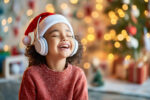 A young girl wearing a red sweater and a white hat is smiling and wearing headphones. She is in a room with Christmas decorations, including a tree and a box of presents