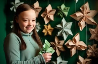 17 year old girl with Down syndrome making origami in a room with green walls and soft lighting