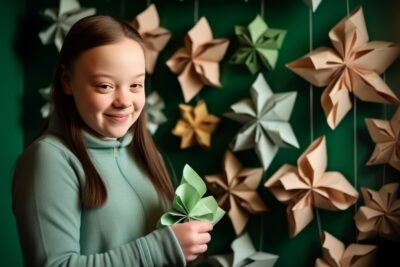 17 year old girl with Down syndrome making origami in a room with green walls and soft lighting