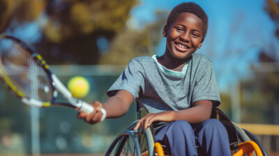 Child who is a wheelchair user playing tennis outdoors.