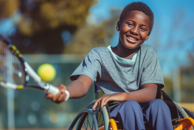 Child who is a wheelchair user playing tennis outdoors.