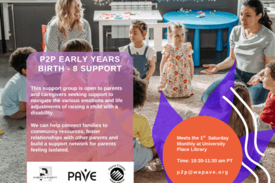 image shows 2 female adult caregivers with a group of young children sitting in a circle