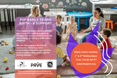 graphic showing 2 caregivers and a group of young children - sharing info on P2P Early Years group.