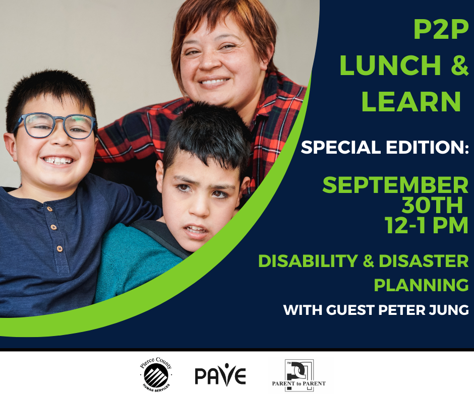 a graphic showing a mom and two sons with information on Lunch & Learn event