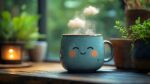 A blue mug with a smiling face on it is sitting on a table next to a window