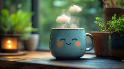 A blue mug with a smiling face on it is sitting on a table next to a window