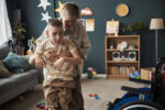 Caregiver assisting child with disability for physical exercise in a cozy living room filled with bookshelves, toys, and warm lighting emanating warmth and care