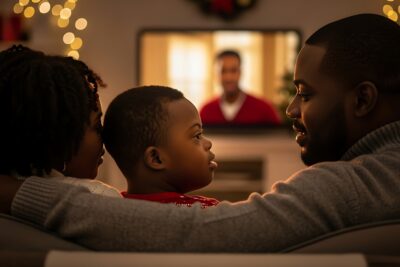 Family with Down Syndrome child watching Christmas movie together