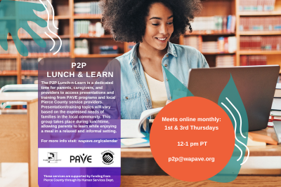 graphic showing woman at laptop, advertising P2P Lunch & Learn