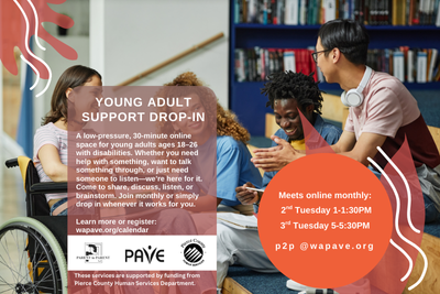 graphic showing a group of young adults - shares info on Young Adult Support Drop-In.