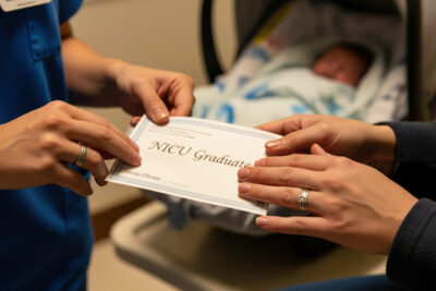 Neonatal nurse's hands giving a 'NICU Graduate' certificate to the grateful parents of a premature baby