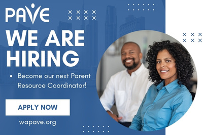 A blue graphic with the words We are hiring. Become the next Parent Resource Coordinator