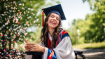 Happy caucasian female graduating student on wheelchair celebrating Graduation. Disabled handicapped teenager. School graduation.