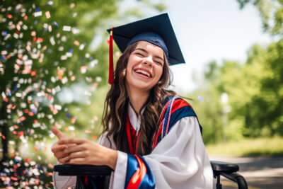 Happy caucasian female graduating student on wheelchair celebrating Graduation. Disabled handicapped teenager. School graduation.